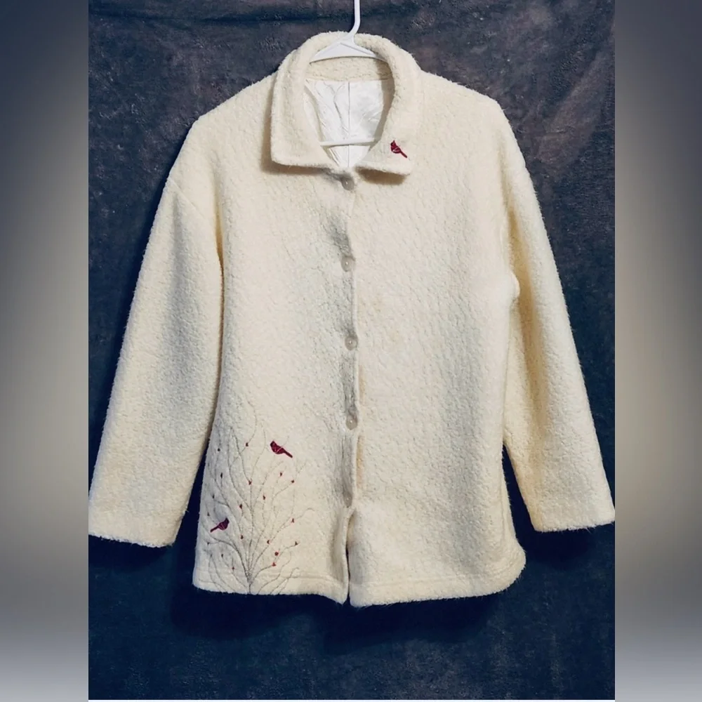 Cozy Cream Teddy Jacket with Red Accents - Picture 2 of 12